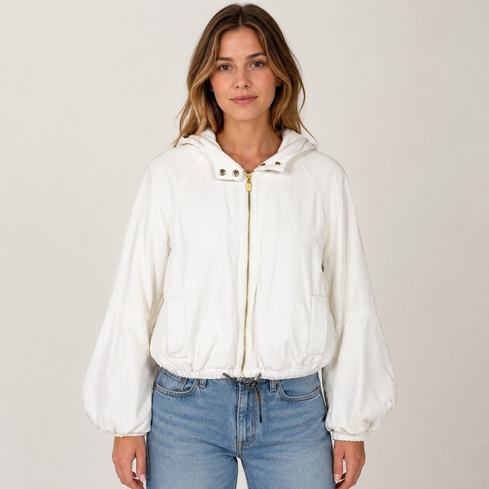 Maeve Anthropologie Women's S Ivory Cotton Linen Hooded Puff Sleeve Jacket